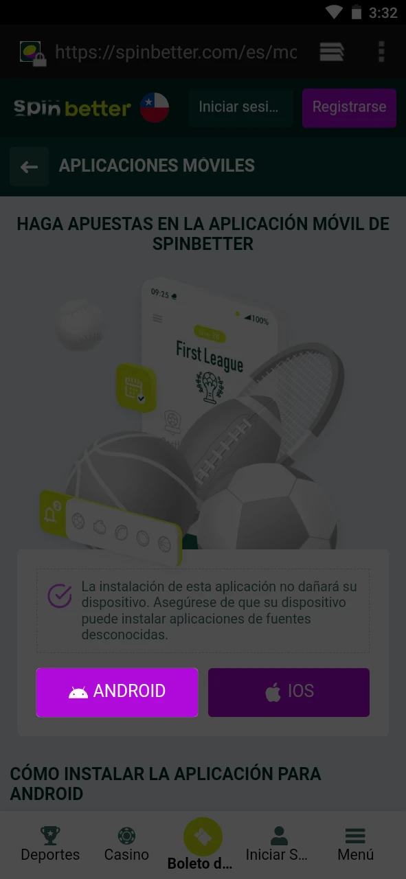 Hay un enlace para descargar la aplicación en el sitio web de Spinbetter.