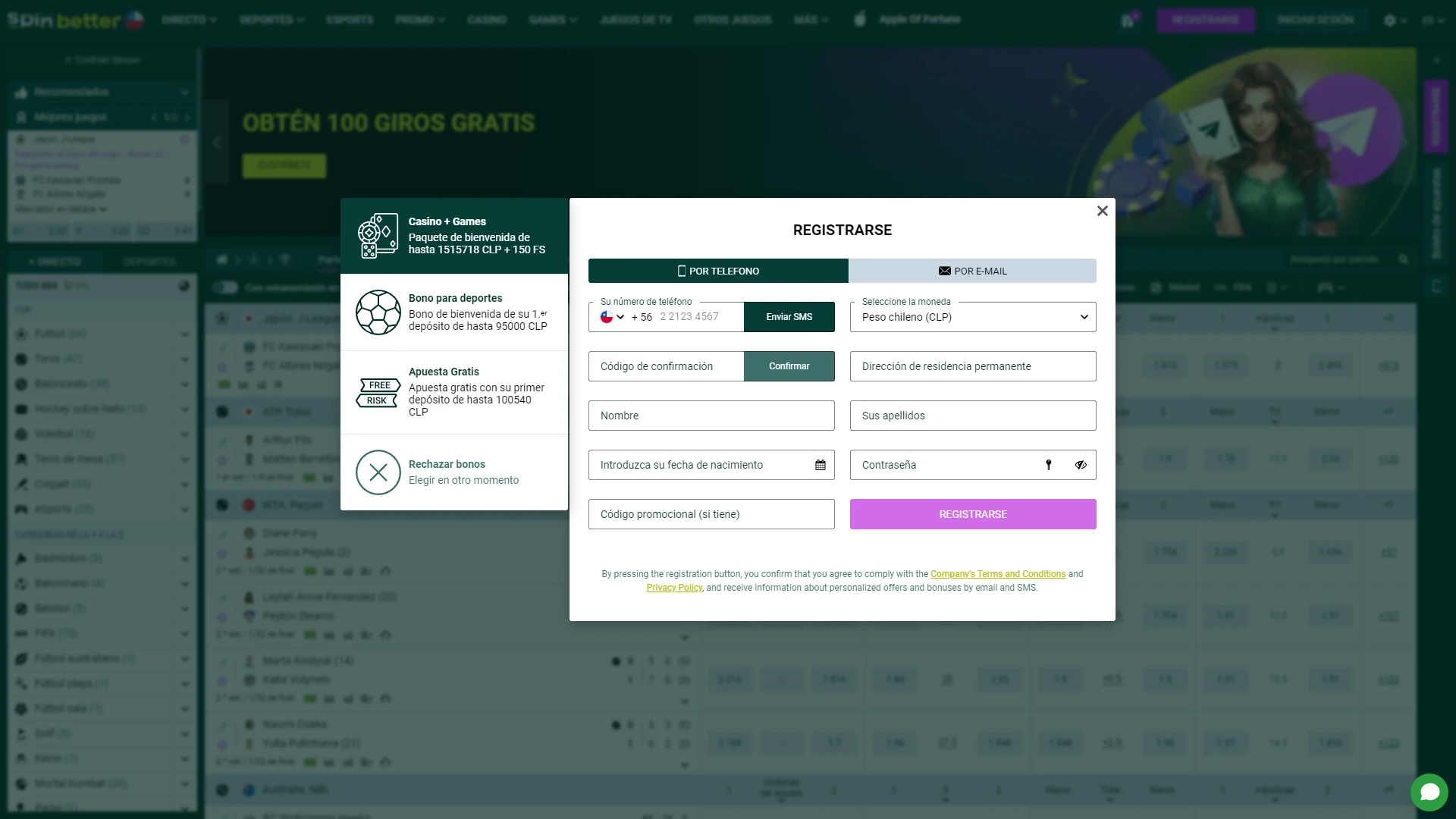 Rellena los campos del formulario de inscripción el sitio web de Spinbetter.